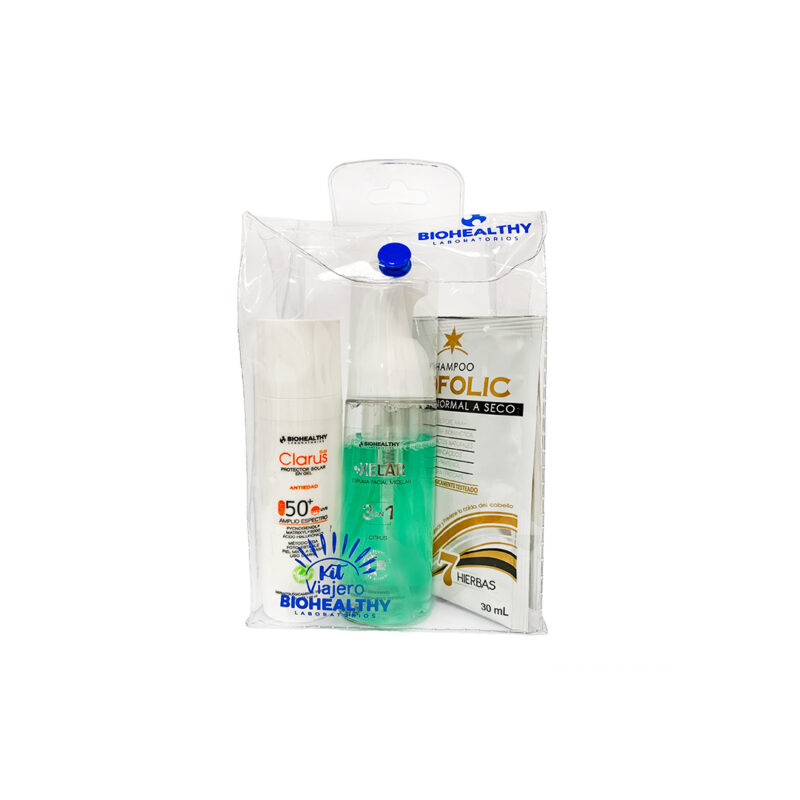 Biohealthy Kit Viajero: 1 Xelar Limpiador + 1 Clarus Protector Solar + 1 Biofolic Shampoo Sachet + 1 Biofolic Tratamiento Capilar bb cream sachet.
